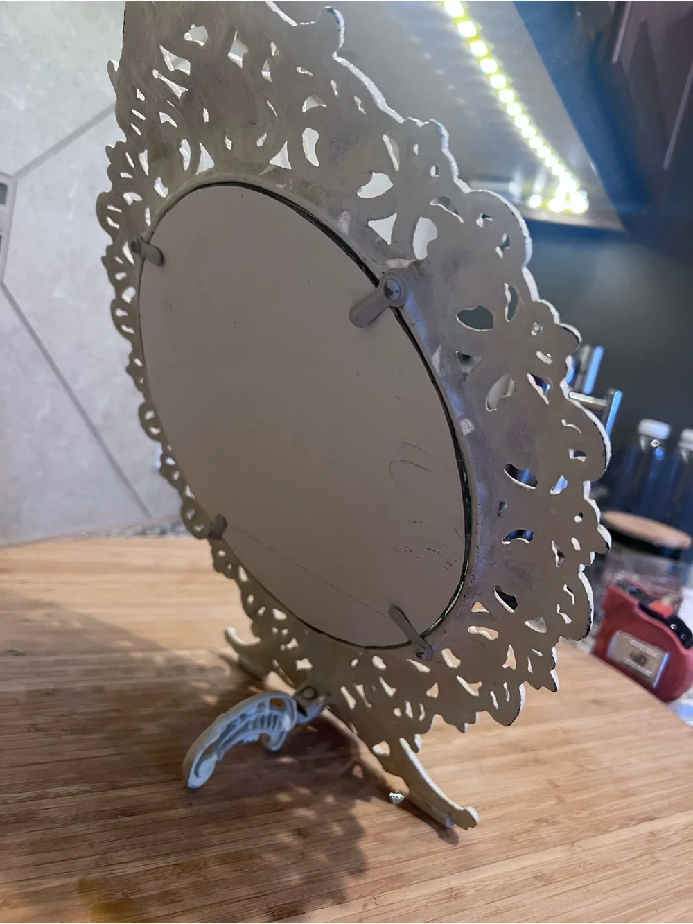 Vintage JM29 Victorian Round Ornate Cast Iron Vanity Standing Mirror
